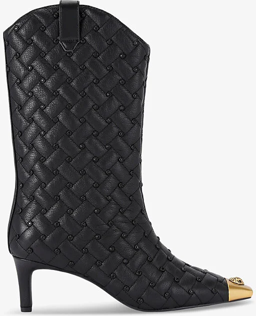 Womens Black/Comb Regent Crystal-Embellished Heeled Quilted-Leather Calf Boots Eur 39 / 6 Uk Women