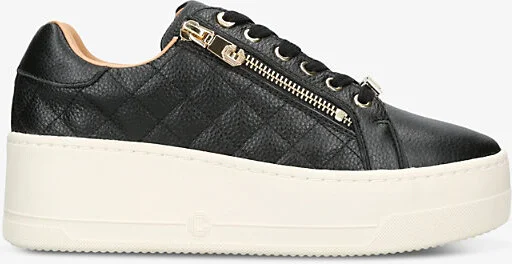Womens Black Connected Zip Leather Low-Top Trainers Eur 37 / 4 Uk Women