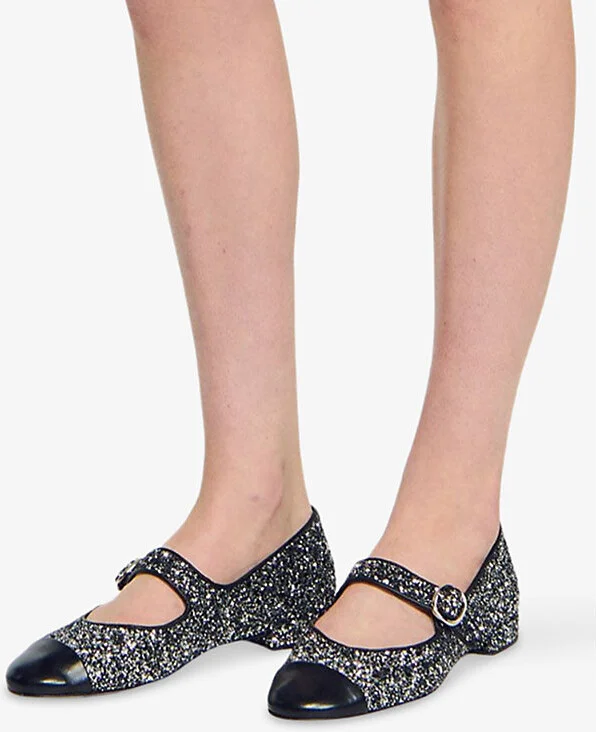 Womens Black Contrast-Toe Glittered and Leather Mary Jane Flats Eur 39 / 6 Uk Women - Image 2