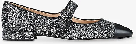 Womens Black Contrast-Toe Glittered and Leather Mary Jane Flats Eur 39 / 6 Uk Women