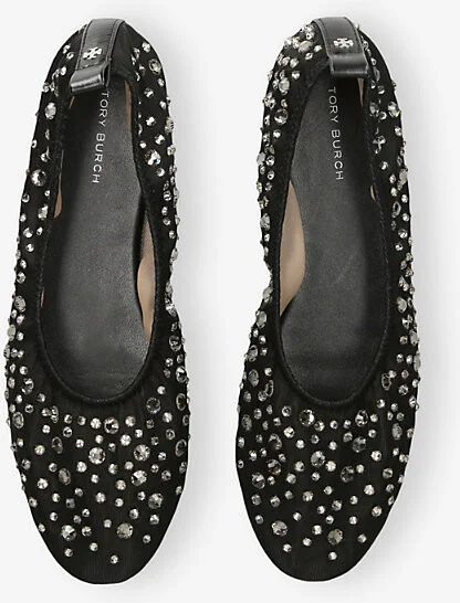 Womens Black Crystal-Embellished Leather Ballet Pumps Eur 40 / 7 Uk Women - Image 2