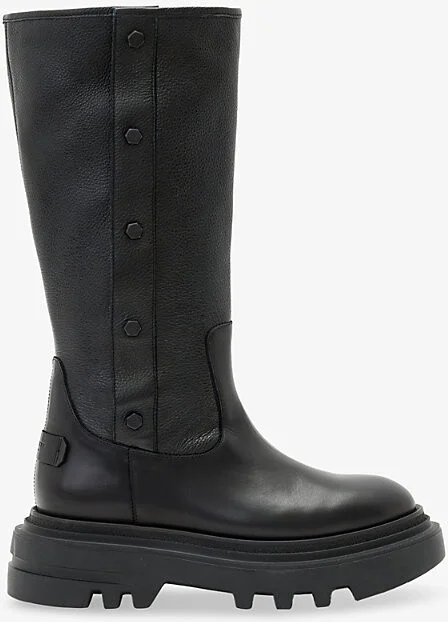 Womens Black Dolly Stud-Embellished Chunky Knee-High Leather Boots Eur 39 / 6 Uk Women