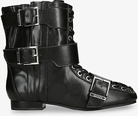 Womens Black Eyelets Lace-Up Faux-Leather Ankle Boots Eur 39 / 6 Uk Women