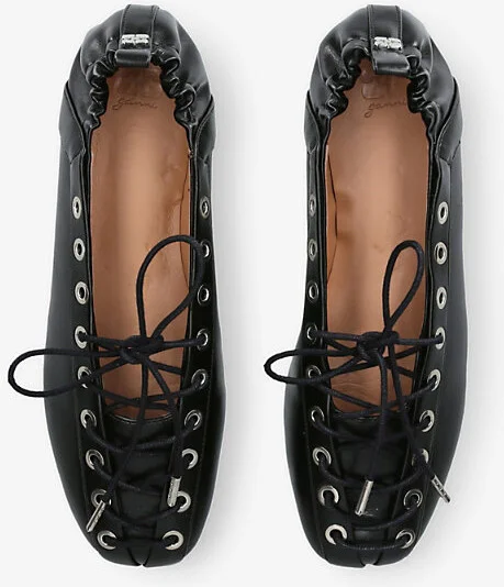 Womens Black Eyelets Lace-Up Vegan Leather Ballerina Flats Eur 40 / 7 Uk Women - Image 2