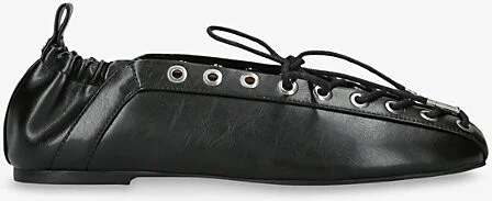 Womens Black Eyelets Lace-Up Vegan Leather Ballerina Flats Eur 40 / 7 Uk Women