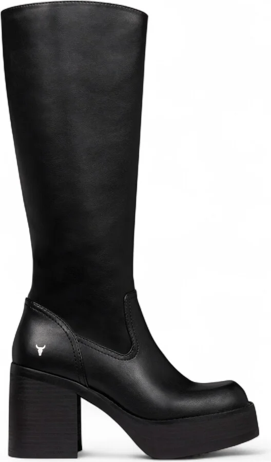 Womens Black Faux Leather Knee-High Platform Heel Boots - Niche