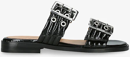 Womens Black Feminine Buckle Two-Strap Vegan Leather Sandals Eur 38/5 Uk Women