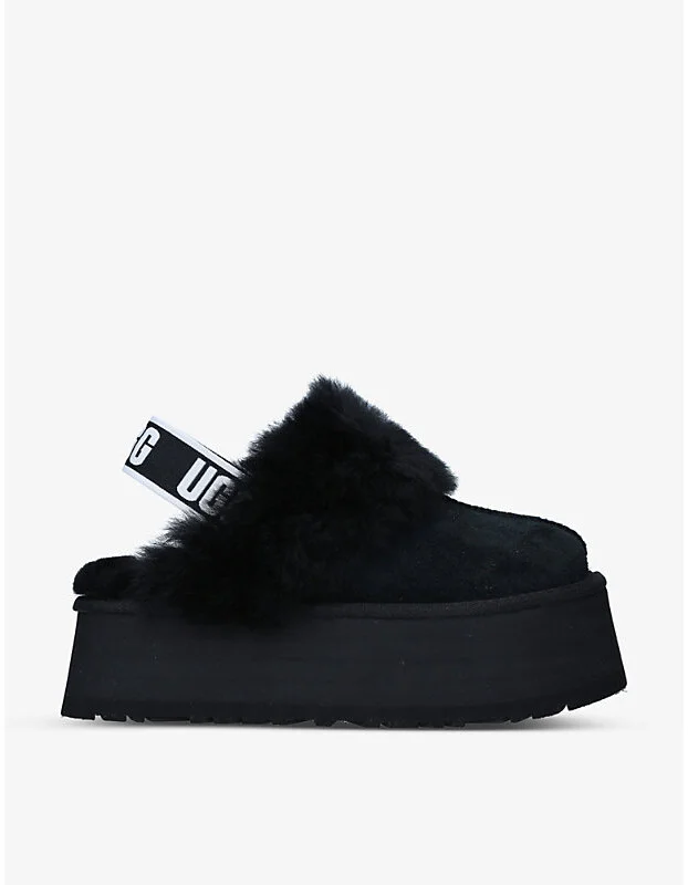 Womens Black Funkette Suede and Sheepskin Platform Slippers Eur 38/5 Uk Women