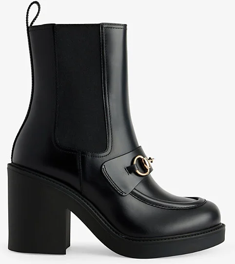 Womens Black Horsebit Block-Heel Leather Ankle Boots Eur 37 / 4 Uk Women