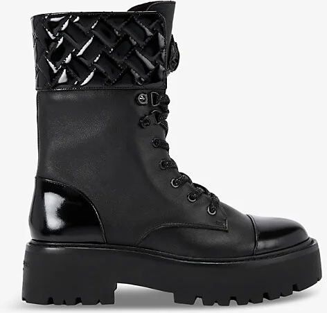 Womens Black Kensington Quilted-Cuff Lace-Up Leather Ankle Boots Eur 40 / 7 Uk Women