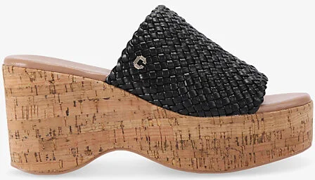 Womens Black Krypton Weave Wedge-Heel Faux-Leather Sandals Eur 37 / 4 Uk Women