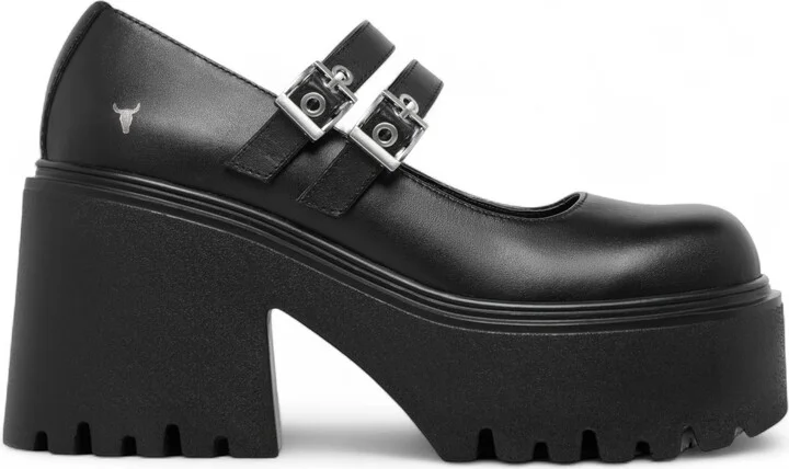 Womens Black Leather Chunky Platform Mary-Jane Heel Shoes - Lessons