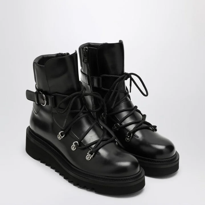 Women's Black Leather Lace-Up Boot