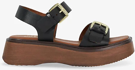 Womens Black Leather Luno Buckle-Strap Leather Flatform Sandals Eur 39 / 6 Uk Women