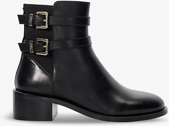 Womens Black Leather Patter Double-Buckle Leather Heeled Ankle Boots Eur 39 / 6 Uk Women