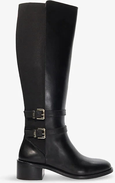 Womens Black Leather Tatter Double-Buckle Flat Leather Knee-High Boots Eur 39 / 6 Uk Women