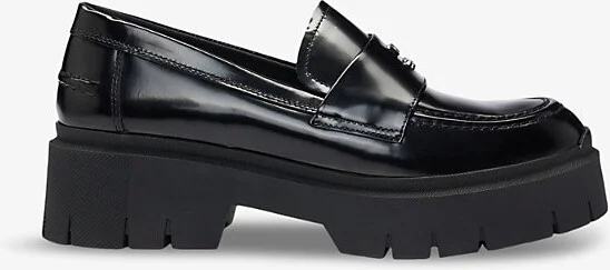 Womens Black Logo-Plaque Flat Leather Loafers Eur 36 / 3 Uk Women