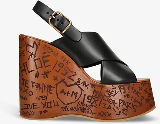 Womens Black Maxine Engraved-Sole Cowhide Wedge Sandals Eur 40 / 7 Uk Women