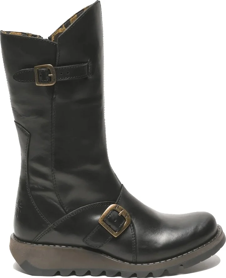 Womens Black MES 2 Wedge Heel Buckle Mid-Calf Leather Zip Platform Boots
