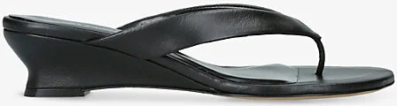 Womens Black Micro Wedge Thong-Strap Leather Sandals Eur 38/5 Uk Women