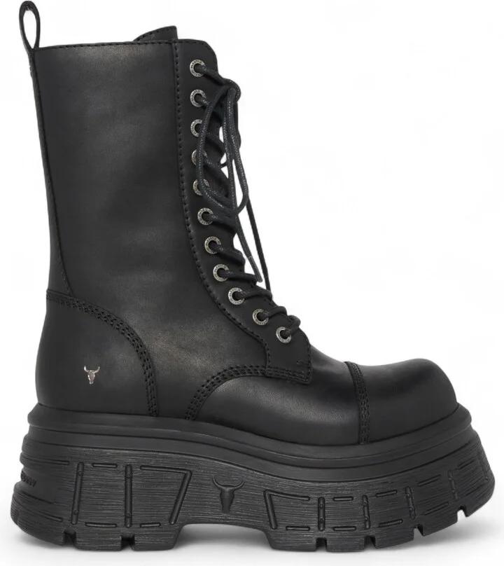 Womens Black Mid-Calf Biker Leather Platform Combat Boots - Screaming