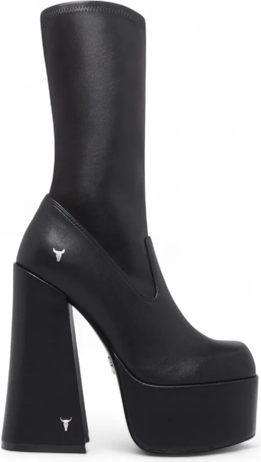 Womens Black Mid-Calf Sock Platform Goth Heel Boots - Saviour