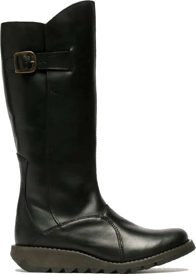 Womens Black MOL 2 Leather Wedge Heel Knee High Zip Up Boots