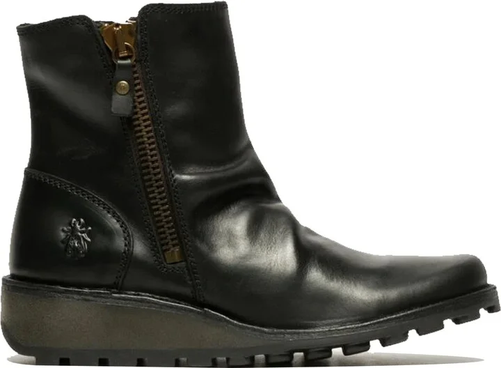 Womens Black MON944 Leather Wedge Heel Ankle Zip Up Chelsea Boots