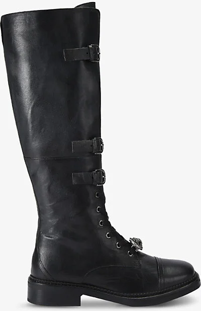 Womens Black Monument Strap-Embellished Leather Knee-High Boots Eur 36 / 3 Uk Women