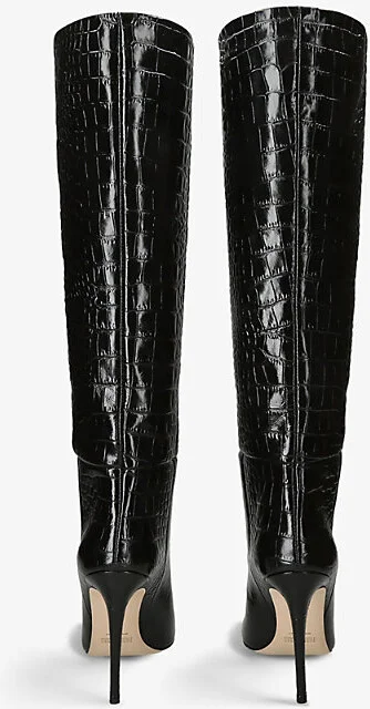Womens Black Pointed-Toe Croc-Embossed Leather Knee-High Boots Eur 36 / 3 Uk Women - Image 2