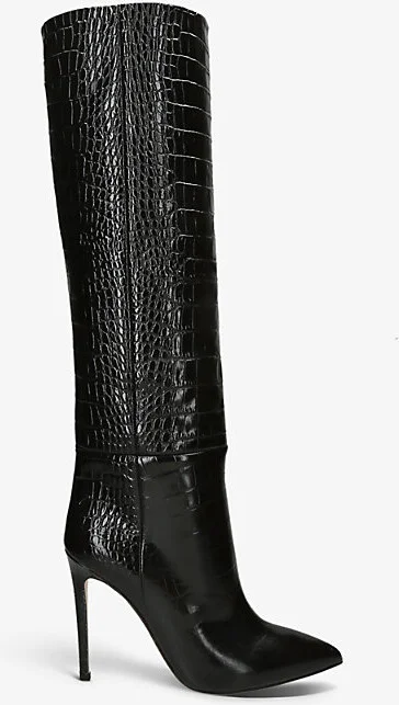 Womens Black Pointed-Toe Croc-Embossed Leather Knee-High Boots Eur 36 / 3 Uk Women
