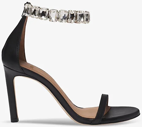 Womens Black Rhinestone-Embellished Leather Heeled Sandals Eur 39 / 6 Uk Women