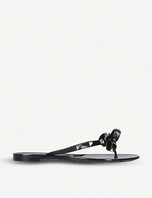 Womens Black Rockstud-Embellished Rubber Flip-Flops Eur 38/5 Uk Women