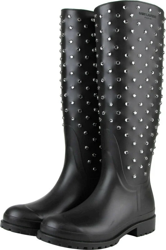 Women's Black Rubber Rain Boots With Crystal Studs (35 EU / 5 US) - Image 2