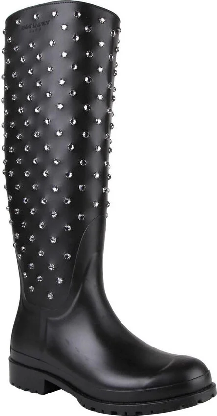 Women's Black Rubber Rain Boots With Crystal Studs (35 EU / 5 US)