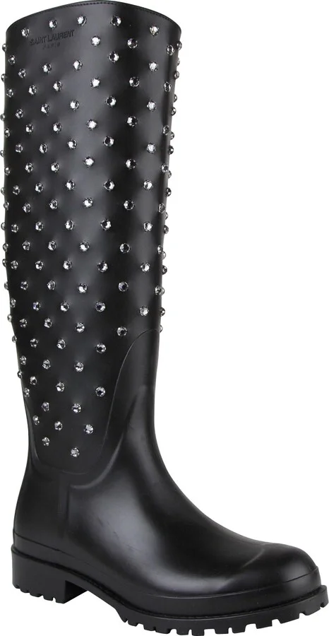 Women's Black Rubber Women Rain Boots With Crystal Studs (36 EU / 6 US)