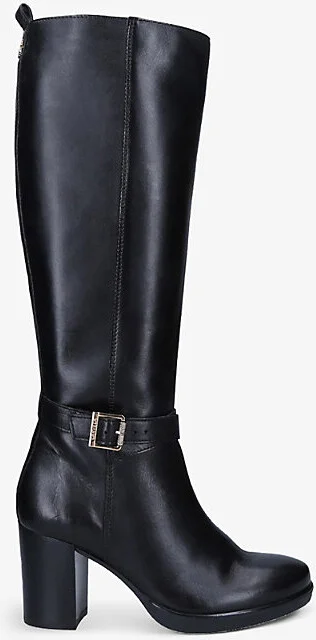 Womens Black Silver 2 Buckle-Embellished Leather Knee-High Boots Eur 38/5 Uk Women