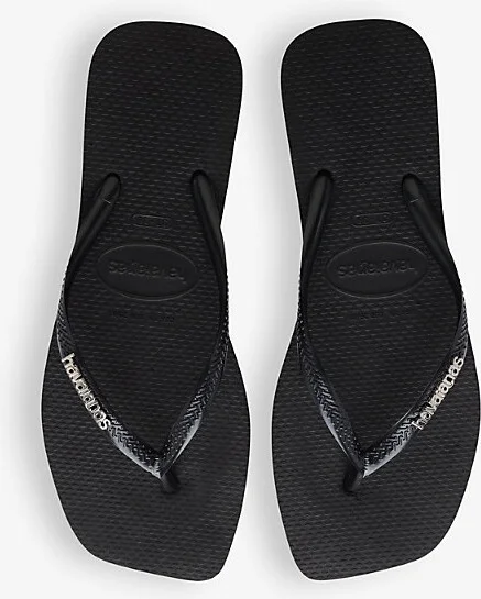 Womens Black/Silver Square Logo-Embossed Rubber Flip-Flops 8 - Image 2