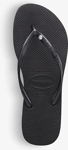 Womens Black Slim Crystal-Embellished Rubber Flip-Flops 1/2 - Image 2