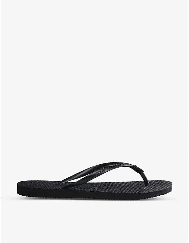 Womens Black Slim Crystal-Embellished Rubber Flip-Flops 1/2