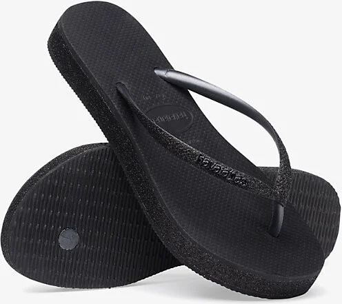 Womens Black Slim Flatform Glitter-Strap Rubber Flip-Flops 1/2 - Image 2