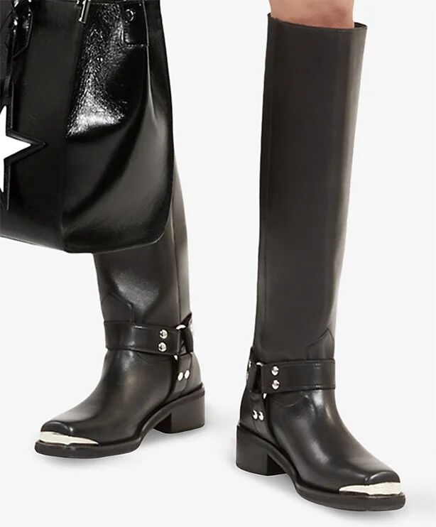 Womens Black Strap-Embellished Leather Knee-High Boots Eur 38/5 Uk Women - Image 2