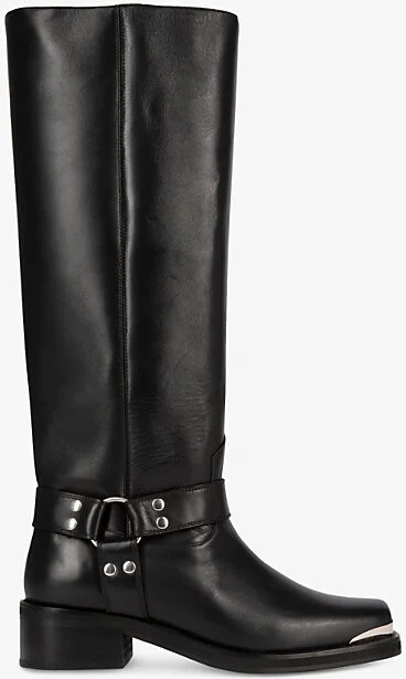 Womens Black Strap-Embellished Leather Knee-High Boots Eur 38/5 Uk Women