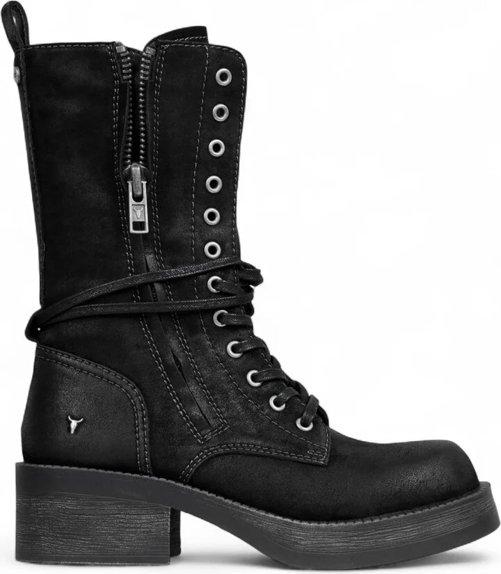 Womens Black Suede Combat Boots Mid-Calf Lace-Up Biker Shoes - Gather
