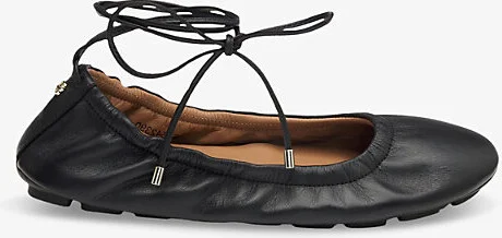 Womens Black Tie-String Leather Ballet Flats Eur 41 / 8 Uk Women