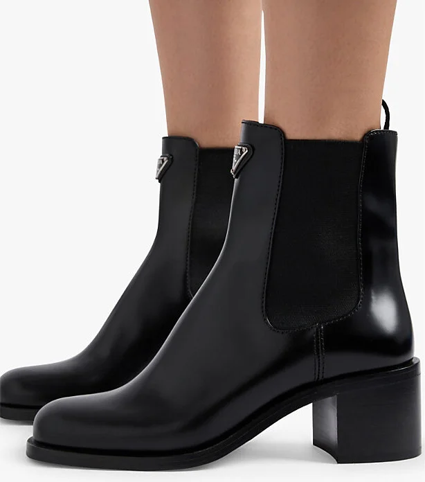 Womens Black Triangle-Plaque Brushed Leather Heeled Boots Eur 36 / 3 Uk Women - Image 2