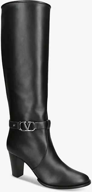 Womens Black V-Logo Signature Knee-High Heeled Leather Boots Eur 38/5 Uk Women - Image 2