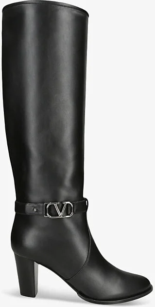 Womens Black V-Logo Signature Knee-High Heeled Leather Boots Eur 38/5 Uk Women