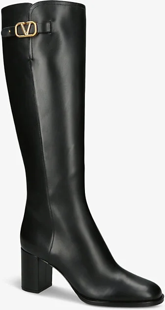 Womens Black Vlogo Brand-Plaque Leather Heeled Knee-High Boots Eur 40 / 7 Uk Women - Image 2