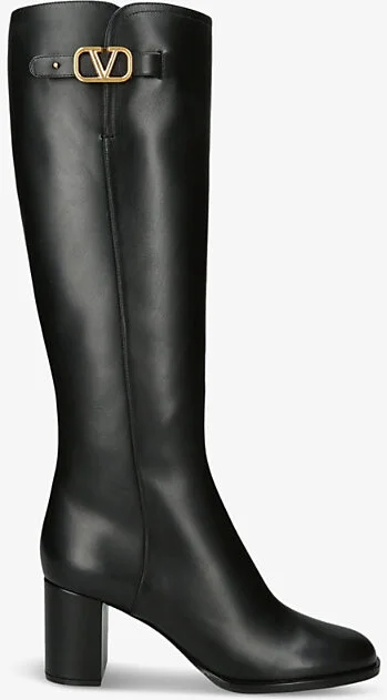 Womens Black Vlogo Brand-Plaque Leather Heeled Knee-High Boots Eur 40 / 7 Uk Women